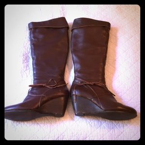 Anthropologie Tall Brown Leather Wedge Boots